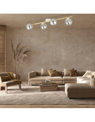 Plafon sufitowy SPLENDI z 4 metalowymi kulami, elegancki design w bieli, szarości i złocie, styl glamour.