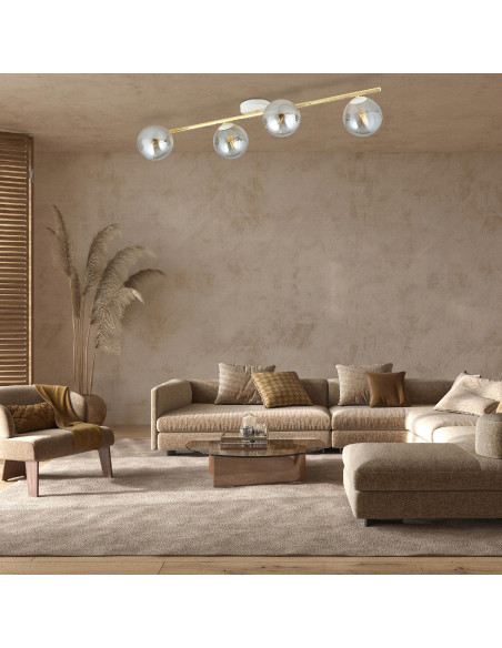 Plafon sufitowy SPLENDI z 4 metalowymi kulami, elegancki design w bieli, szarości i złocie, styl glamour.