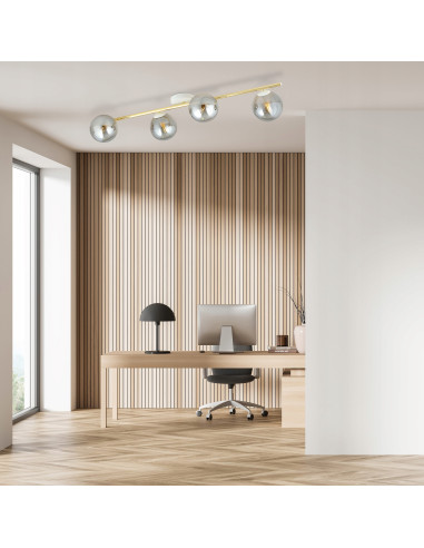 Plafon sufitowy SPLENDI z 4 metalowymi kulami, elegancki design w bieli, szarości i złocie, styl glamour.