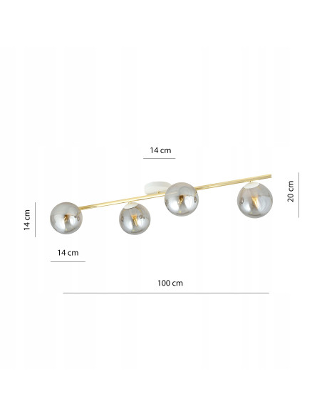 Plafon sufitowy SPLENDI z 4 metalowymi kulami, elegancki design w bieli, szarości i złocie, styl glamour.