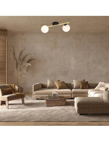 Lampa sufitowa SPLENDI z białymi kloszami i złotą rurką – nowoczesny design do biura i salonu