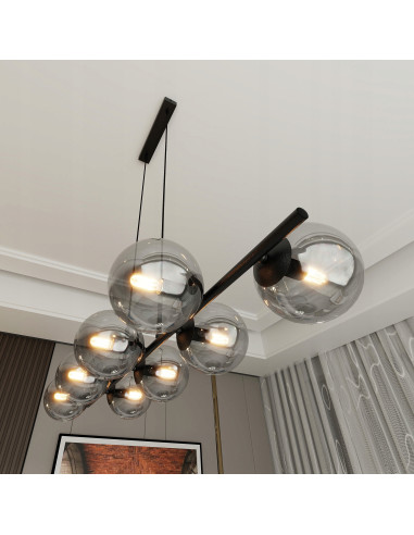 Lampa wisząca RORY z 8 kloszami, przydymione szkło, eleganckie oświetlenie do biura, salonu, jadalni i sypialni