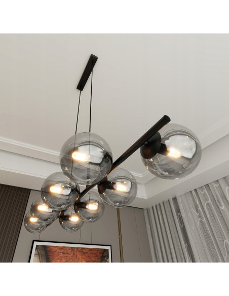Lampa wisząca RORY z 8 kloszami, przydymione szkło, eleganckie oświetlenie do biura, salonu, jadalni i sypialni