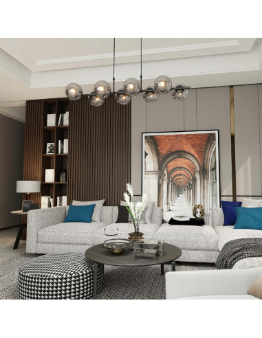 Lampa wisząca RORY z 8 kloszami, przydymione szkło, eleganckie oświetlenie do biura, salonu, jadalni i sypialni