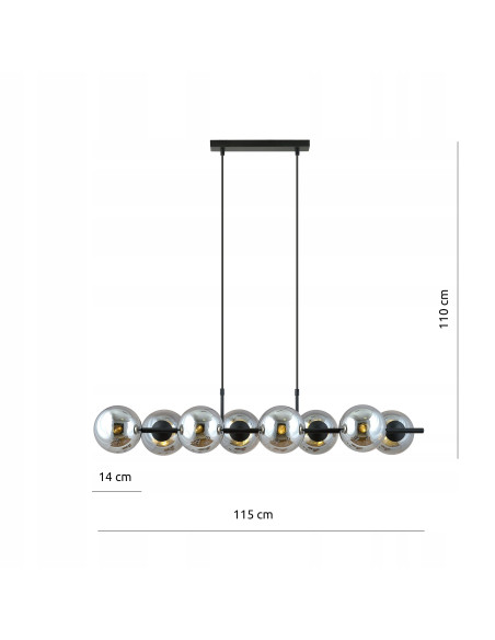 Lampa wisząca RORY z 8 kloszami, przydymione szkło, eleganckie oświetlenie do biura, salonu, jadalni i sypialni