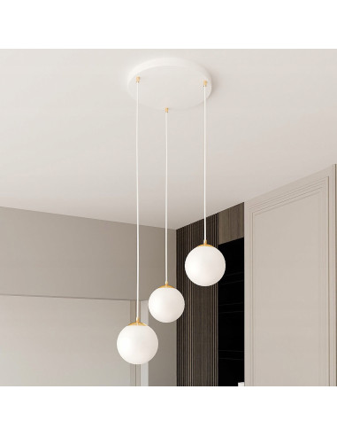 Lampa sufitowa ROYAL 3-punktowa z regulacją wysokości, białe szkło, złote detale - nowoczesne oświetlenie do wnętrz