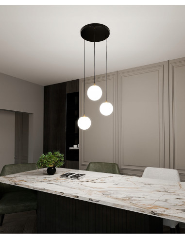 Lampa sufitowa ROYAL w kolorze czarno-żółtym, trzy klosze szklane, eleganckie oświetlenie do jadalni i nowoczesnych wnętrz