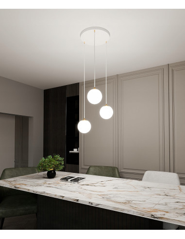 Lampa sufitowa ROYAL 3-punktowa z regulacją wysokości, białe szkło, złote detale - nowoczesne oświetlenie do wnętrz