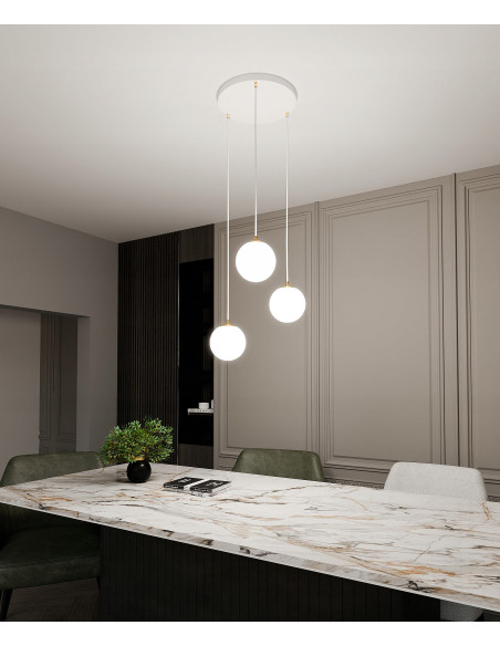 Lampa sufitowa ROYAL 3-punktowa z regulacją wysokości, białe szkło, złote detale - nowoczesne oświetlenie do wnętrz