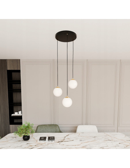 Lampa sufitowa ROYAL w kolorze czarno-żółtym, trzy klosze szklane, eleganckie oświetlenie do jadalni i nowoczesnych wnętrz