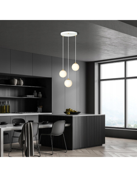 Lampa sufitowa ROYAL 3-punktowa z regulacją wysokości, białe szkło, złote detale - nowoczesne oświetlenie do wnętrz