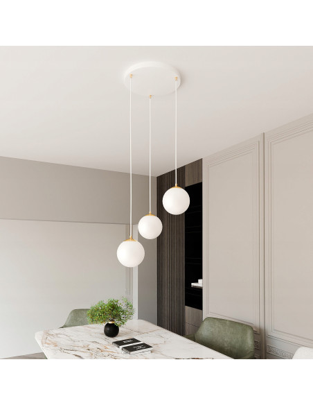 Lampa sufitowa ROYAL 3-punktowa z regulacją wysokości, białe szkło, złote detale - nowoczesne oświetlenie do wnętrz