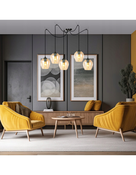 Żyrandol LEVEL z bursztynowymi kloszami, 5-punktowe oświetlenie E27 do eleganckich wnętrz biurowych i domowych