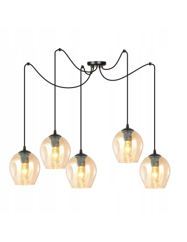 Żyrandol LEVEL z bursztynowymi kloszami, 5-punktowe oświetlenie E27 do eleganckich wnętrz biurowych i domowych