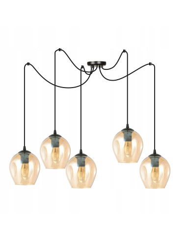 Żyrandol LEVEL z bursztynowymi kloszami, 5-punktowe oświetlenie E27 do eleganckich wnętrz biurowych i domowych