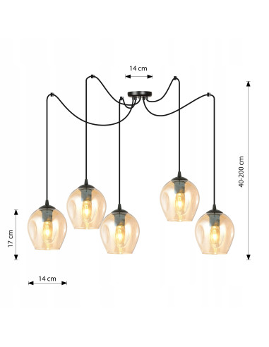 Żyrandol LEVEL z bursztynowymi kloszami, 5-punktowe oświetlenie E27 do eleganckich wnętrz biurowych i domowych