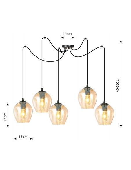 Żyrandol LEVEL z bursztynowymi kloszami, 5-punktowe oświetlenie E27 do eleganckich wnętrz biurowych i domowych