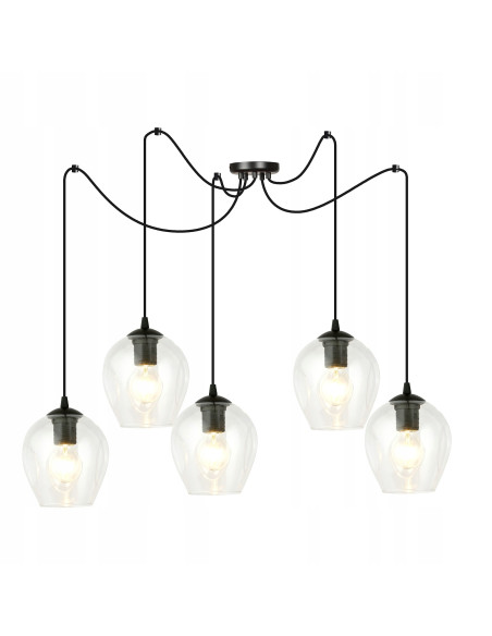 Lampa wisząca LEVEL Loft - czarna z transparentnym szkłem, regulowana wysokość, 5 punktów świetlnych, nowoczesny design.