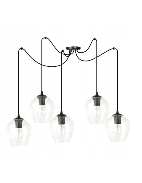 Lampa wisząca LEVEL Loft - czarna z transparentnym szkłem, regulowana wysokość, 5 punktów świetlnych, nowoczesny design.