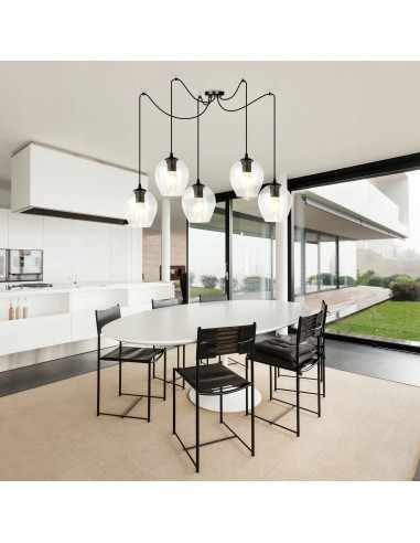 Lampa wisząca LEVEL Loft - czarna z transparentnym szkłem, regulowana wysokość, 5 punktów świetlnych, nowoczesny design.