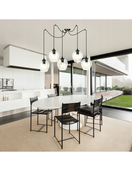 Lampa wisząca LEVEL Loft - czarna z transparentnym szkłem, regulowana wysokość, 5 punktów świetlnych, nowoczesny design.