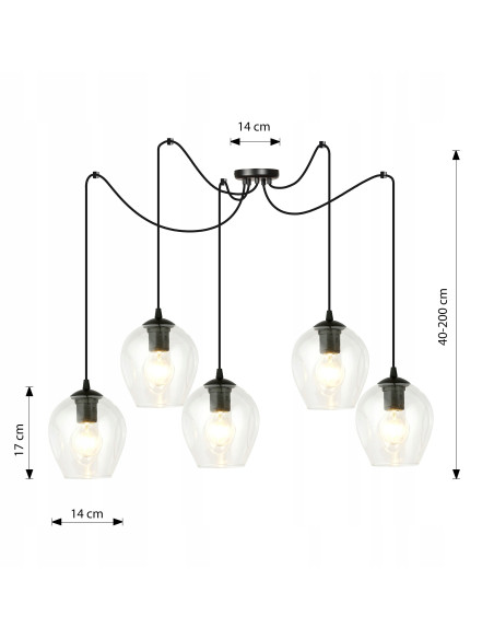 Lampa wisząca LEVEL Loft - czarna z transparentnym szkłem, regulowana wysokość, 5 punktów świetlnych, nowoczesny design.