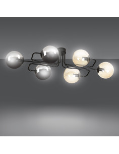 Nowoczesny plafon LED BRENDI z 6 kloszami, elegancki design do kuchni i przestrzeni mieszkalnych, czarny/beżowy. 2
