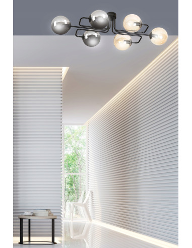 Nowoczesny plafon LED BRENDI z 6 kloszami, elegancki design do kuchni i przestrzeni mieszkalnych, czarny/beżowy.