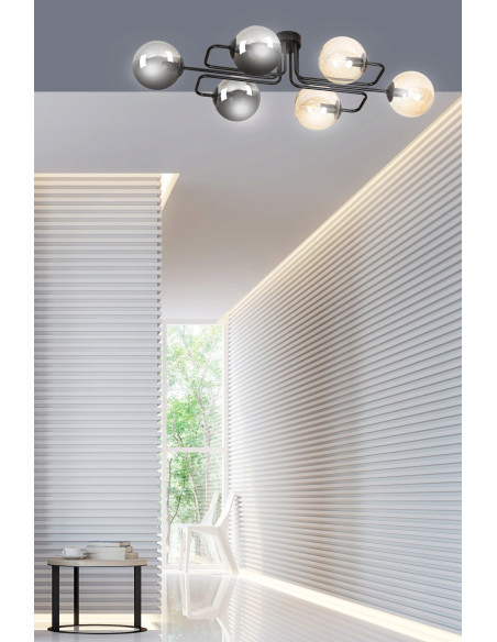 Nowoczesny plafon LED BRENDI z 6 kloszami, elegancki design do kuchni i przestrzeni mieszkalnych, czarny/beżowy.