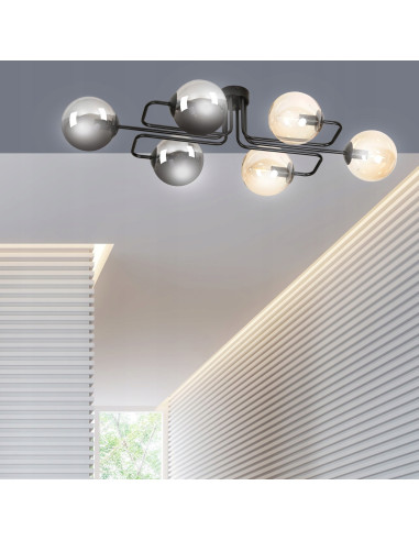 Nowoczesny plafon LED BRENDI z 6 kloszami, elegancki design do kuchni i przestrzeni mieszkalnych, czarny/beżowy.
