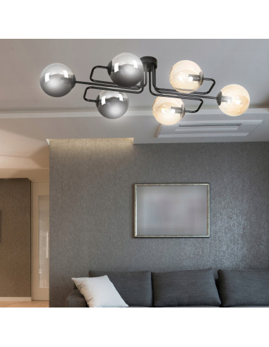 Nowoczesny plafon LED BRENDI z 6 kloszami, elegancki design do kuchni i przestrzeni mieszkalnych, czarny/beżowy.