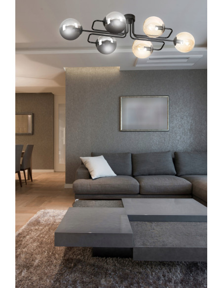Nowoczesny plafon LED BRENDI z 6 kloszami, elegancki design do kuchni i przestrzeni mieszkalnych, czarny/beżowy.
