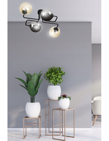 Lampka sufitowa BRENDI z elastycznymi prętami, nowoczesna, 4-punktowa, czarna szkło do kuchni i biura.