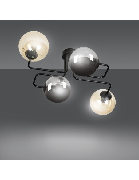 Lampka sufitowa BRENDI z elastycznymi prętami, nowoczesna, 4-punktowa, czarna szkło do kuchni i biura.