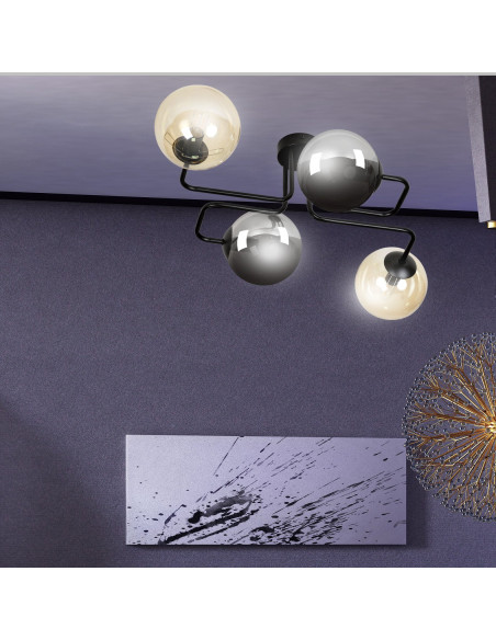 Lampka sufitowa BRENDI z elastycznymi prętami, nowoczesna, 4-punktowa, czarna szkło do kuchni i biura.