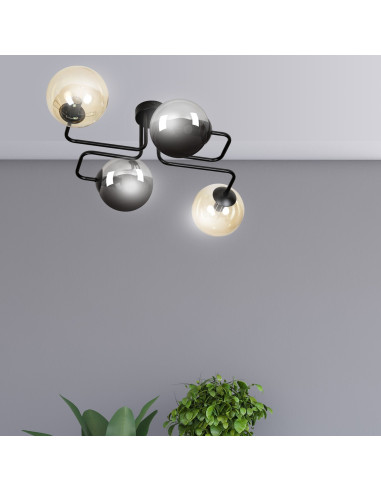 Lampka sufitowa BRENDI z elastycznymi prętami, nowoczesna, 4-punktowa, czarna szkło do kuchni i biura.