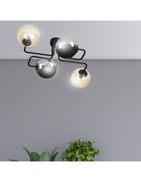 Lampka sufitowa BRENDI z elastycznymi prętami, nowoczesna, 4-punktowa, czarna szkło do kuchni i biura.