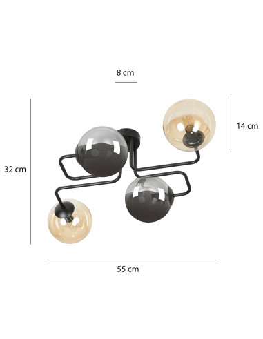 Lampka sufitowa BRENDI z elastycznymi prętami, nowoczesna, 4-punktowa, czarna szkło do kuchni i biura.