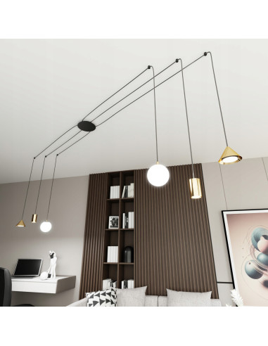 Lampa Wisząca FUJI - Nowoczesny Żyrandol z 6 Punktami Świetlnymi w Złotej i Czarnej Estetyce, Regulowana Wysokość