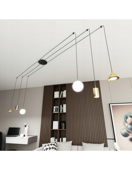 Lampa Wisząca FUJI - Nowoczesny Żyrandol z 6 Punktami Świetlnymi w Złotej i Czarnej Estetyce, Regulowana Wysokość