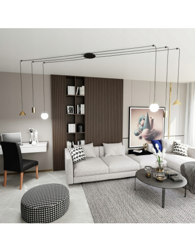 Lampa Wisząca FUJI - Nowoczesny Żyrandol z 6 Punktami Świetlnymi w Złotej i Czarnej Estetyce, Regulowana Wysokość