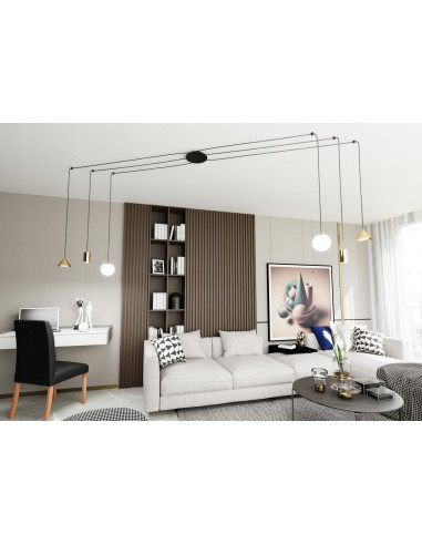 Lampa Wisząca FUJI - Nowoczesny Żyrandol z 6 Punktami Świetlnymi w Złotej i Czarnej Estetyce, Regulowana Wysokość