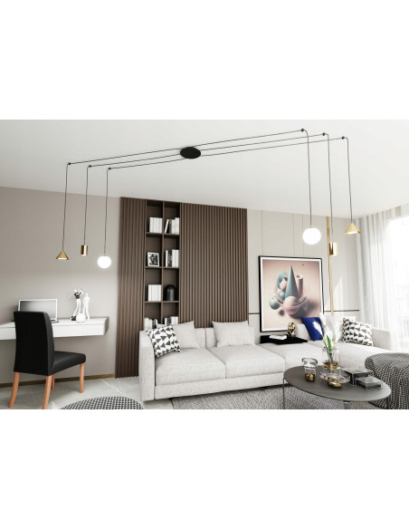 Lampa Wisząca FUJI - Nowoczesny Żyrandol z 6 Punktami Świetlnymi w Złotej i Czarnej Estetyce, Regulowana Wysokość