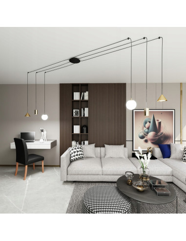 Lampa Wisząca FUJI - Nowoczesny Żyrandol z 6 Punktami Świetlnymi w Złotej i Czarnej Estetyce, Regulowana Wysokość