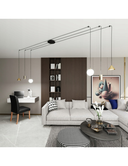 Lampa Wisząca FUJI - Nowoczesny Żyrandol z 6 Punktami Świetlnymi w Złotej i Czarnej Estetyce, Regulowana Wysokość