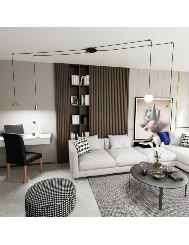 Nowoczesna lampa wisząca FUJI z regulowanymi złotymi kloszami – elegancja do jadalni i salonu.