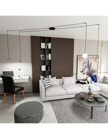 Nowoczesna lampa wisząca FUJI z regulowanymi złotymi kloszami – elegancja do jadalni i salonu.