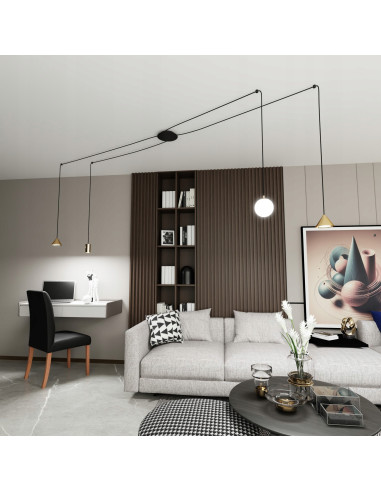 Nowoczesna lampa wisząca FUJI z regulowanymi złotymi kloszami – elegancja do jadalni i salonu.