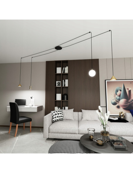 Nowoczesna lampa wisząca FUJI z regulowanymi złotymi kloszami – elegancja do jadalni i salonu.