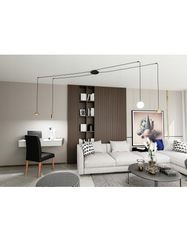 Nowoczesna lampa wisząca FUJI z regulowanymi złotymi kloszami – elegancja do jadalni i salonu.